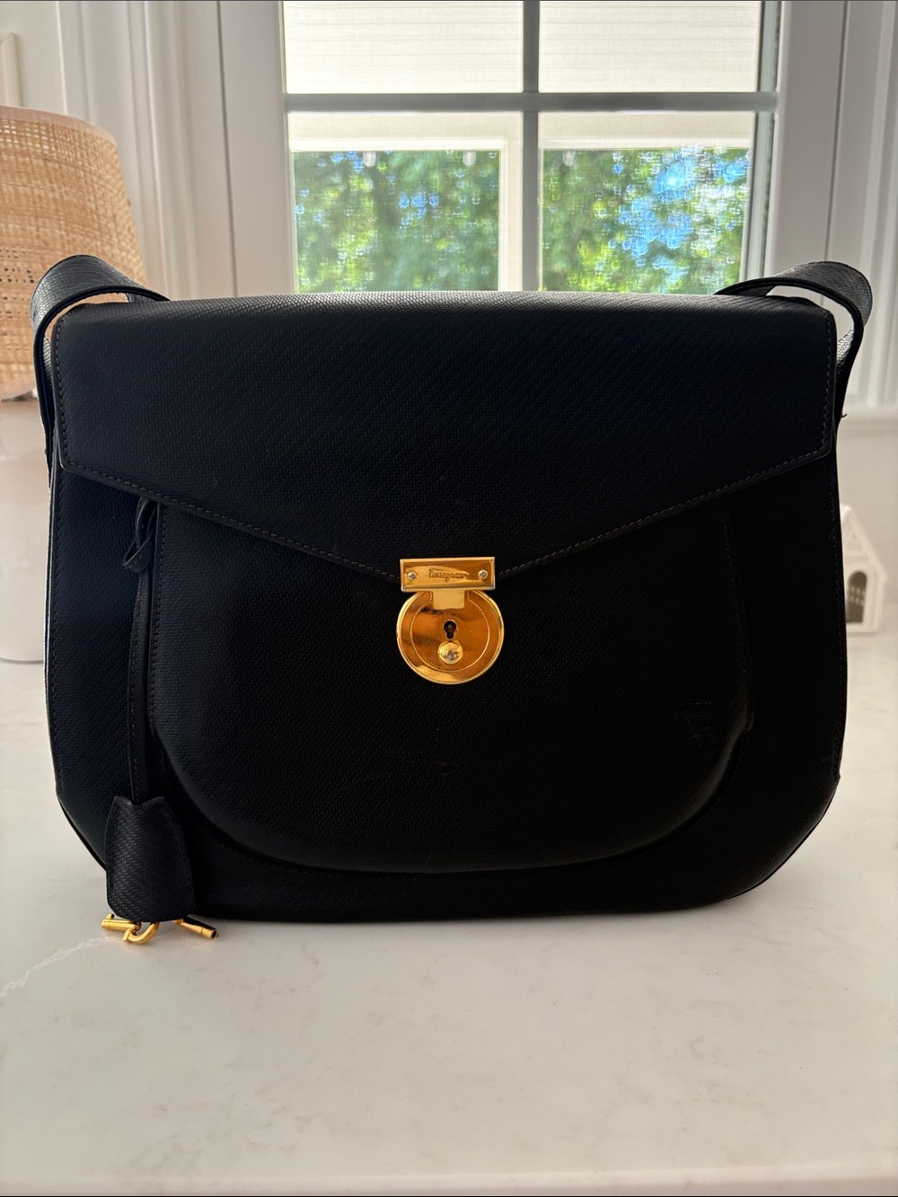Salvatore Ferragamo Black Saffiano Crossbody Bag with Gold Lock